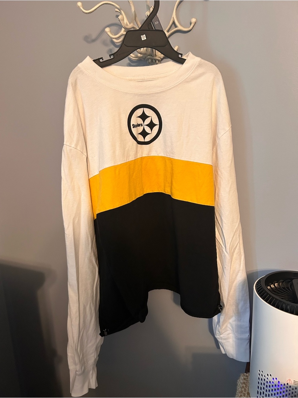 Steelers Tailgate Woman's Long Sleeve Crop Colorblock Tee - White/Gold/Black